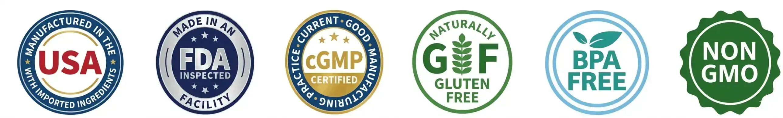 SodaSlim USA manufactured, FDA inspected facility, cGMP certified, gluten free, BPA free and Non-GMO certification badges